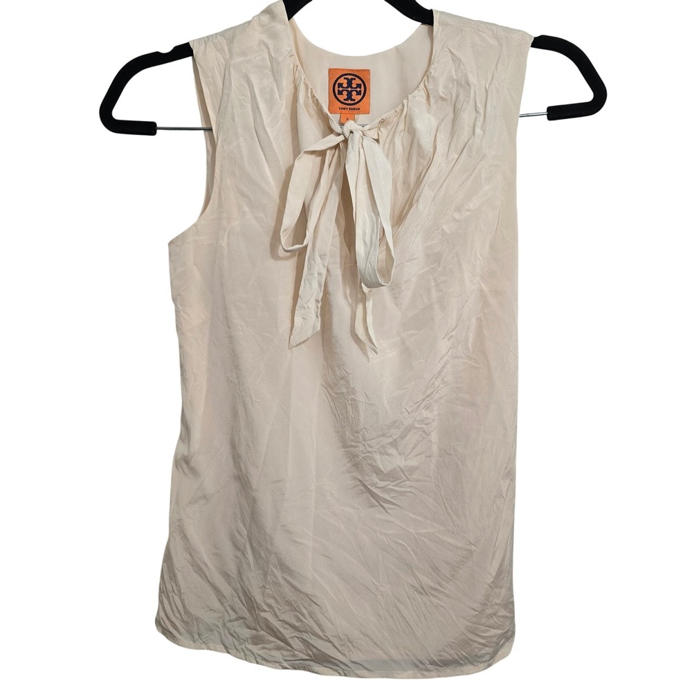 Tory Burch Cream Silk Blend Bow‎ Sleeveless Blouse Top Size 0 51121139